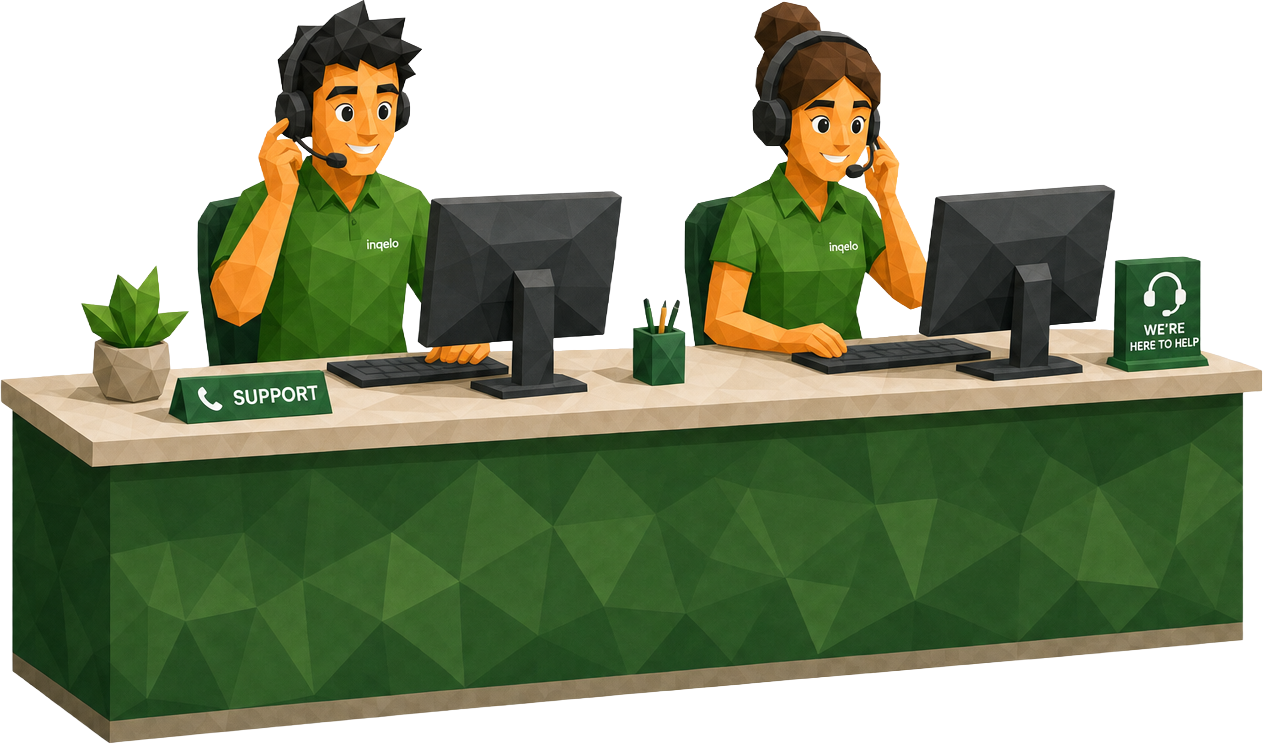 Two Inqelo support-desk team members in green shirts and headsets at a reception desk with SUPPORT and WE'RE HERE TO HELP signs.