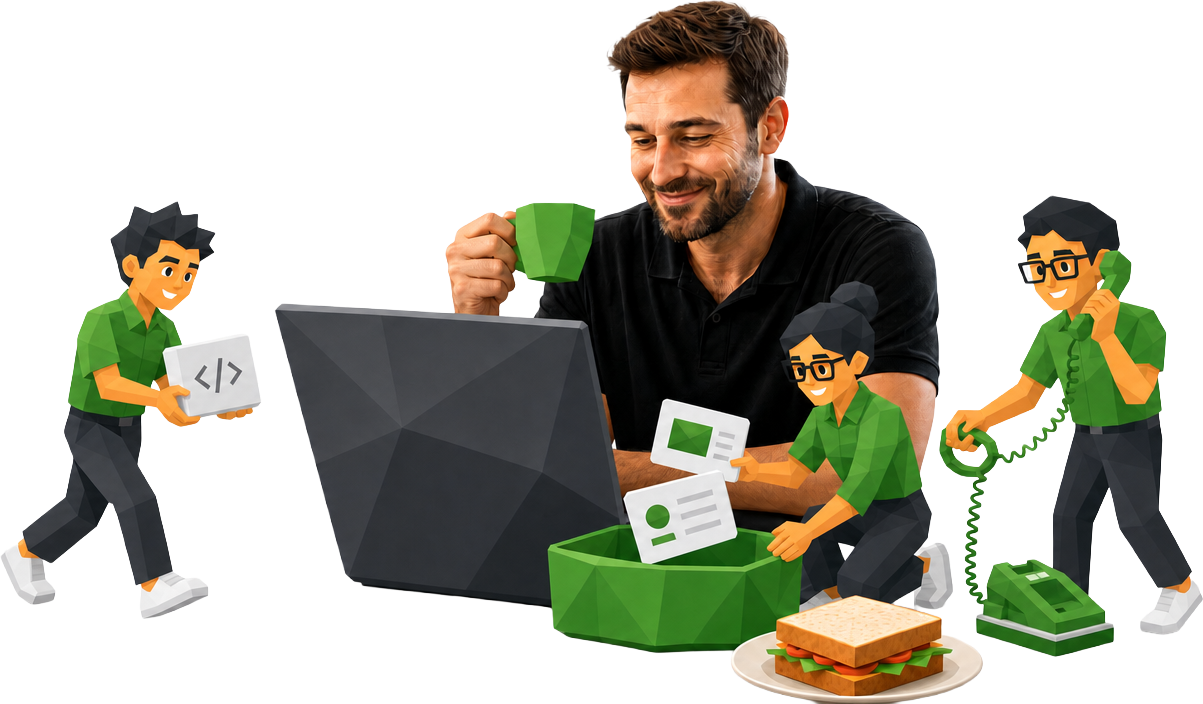 A business owner with a coffee at his laptop while the Inqelo team quietly handles enquiries around him.