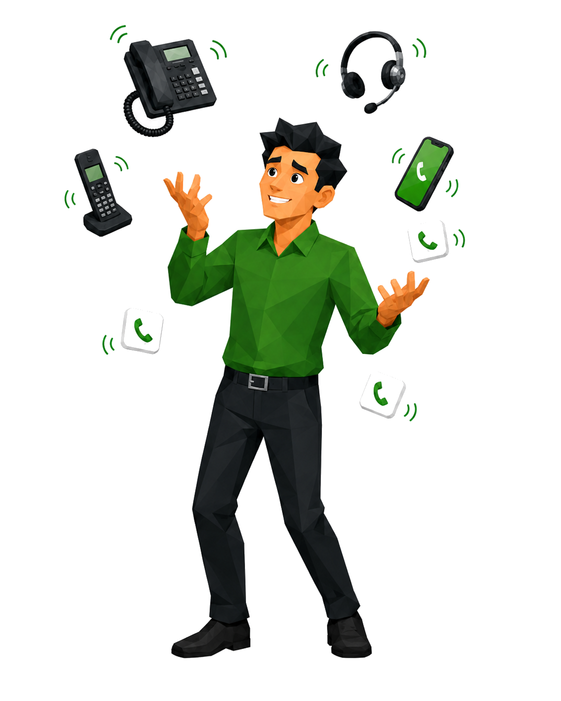 A business owner juggling desk phones, a headset and mobiles across different call providers.