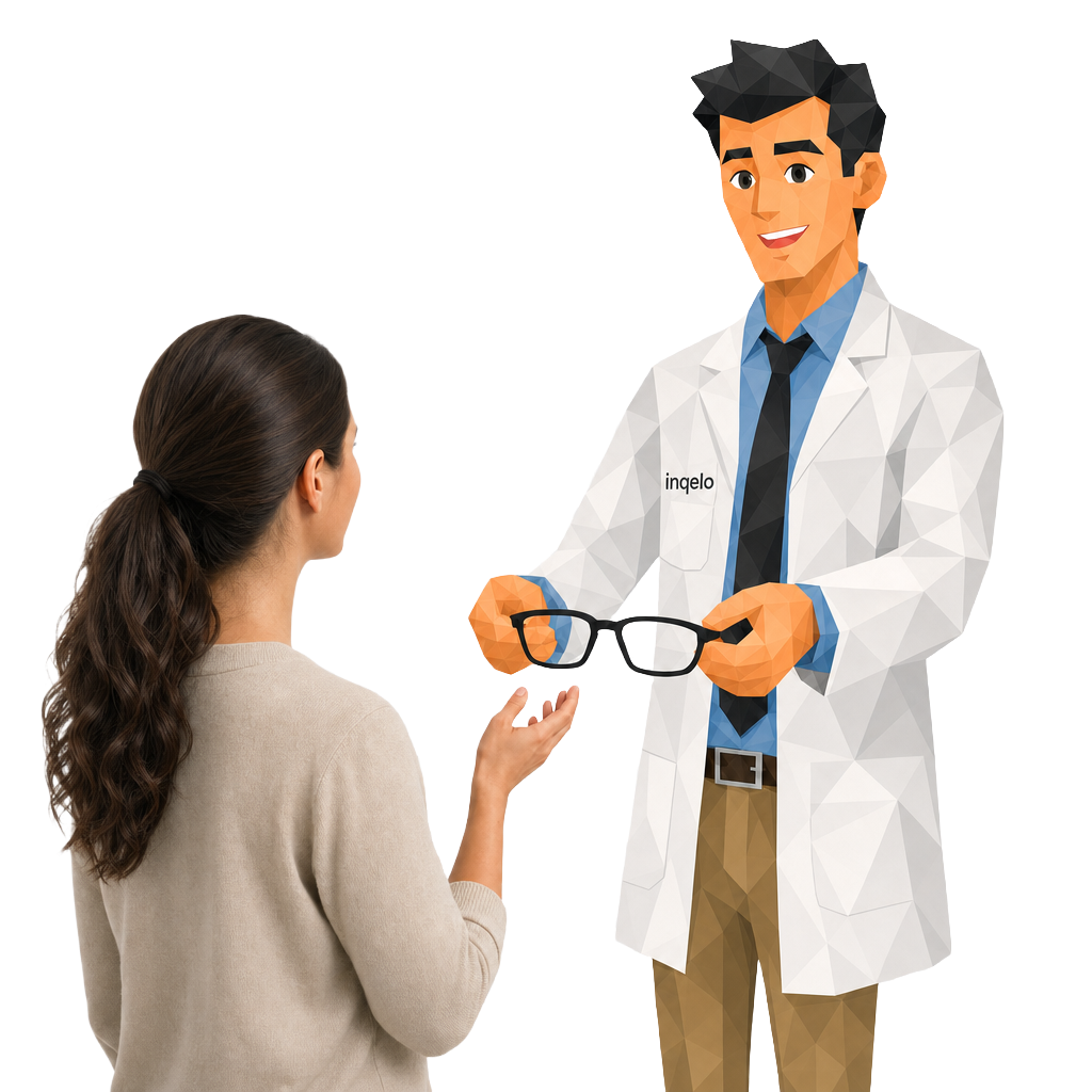 An Inqelo optometrist in a white coat hands a customer a pair of glasses: clearer vision for your marketing.