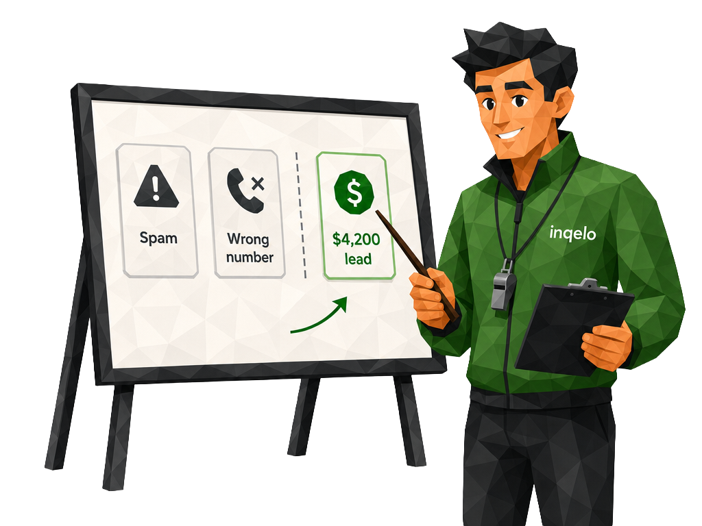 An Inqelo coach in a green jacket with a clipboard points to a highlighted $4,200 lead beside greyed-out Spam and Wrong number cards, with a green arrow rising toward the good lead.