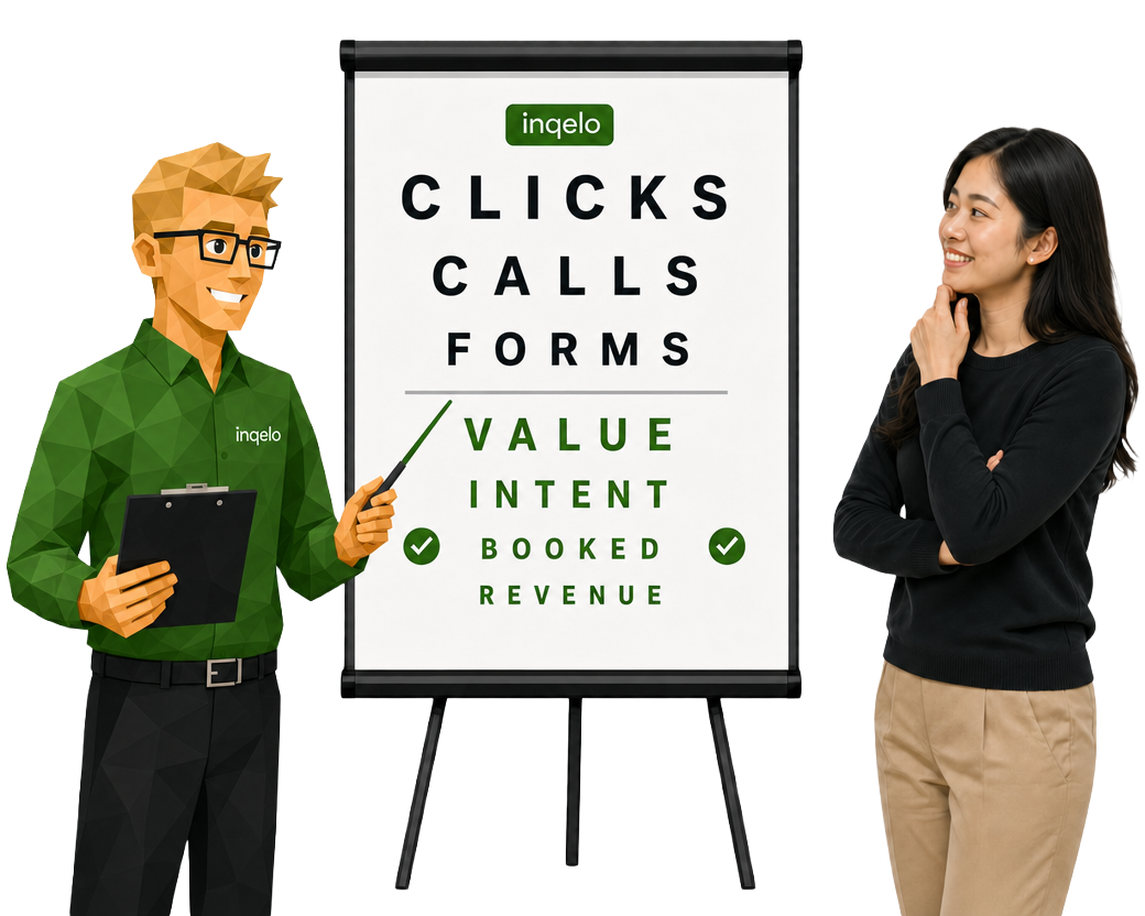 An Inqelo team member holding a clipboard points at a flip chart reading CLICKS, CALLS, FORMS above VALUE, INTENT, BOOKED, REVENUE with green ticks, while a customer looks on thoughtfully.