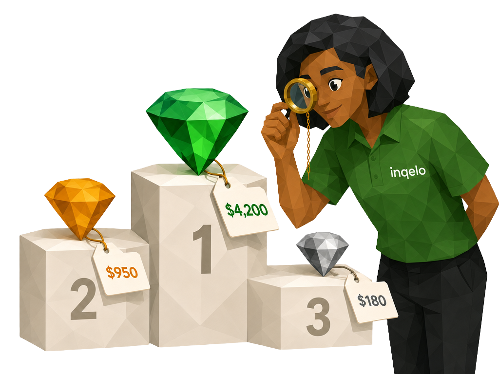 An Inqelo team member inspects a podium of gems through a magnifying glass. First place holds a large green gem tagged $4,200, second a gold gem tagged $950, third a silver gem tagged $180: every lead assigned a real dollar value.
