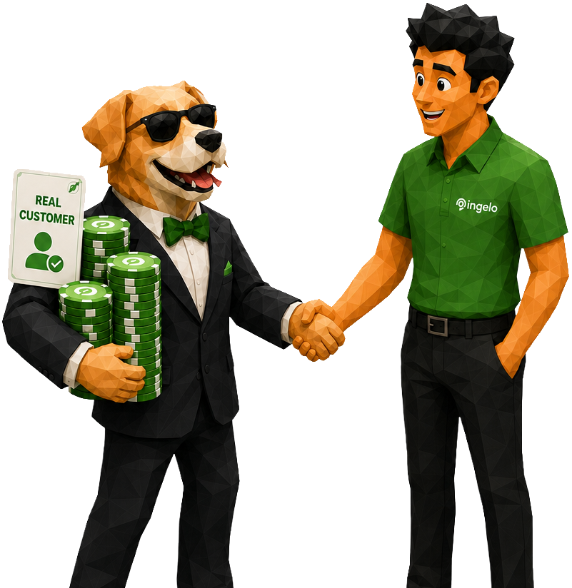A golden retriever in sunglasses and a green bow tie cradles a stack of Inqelo chips and a REAL CUSTOMER card while shaking hands with the Inqelo team member.