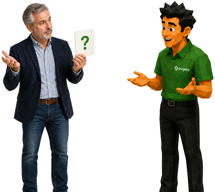 A schnauzer in a waistcoat holds up a question-mark card while the Inqelo team member answers with open palms.