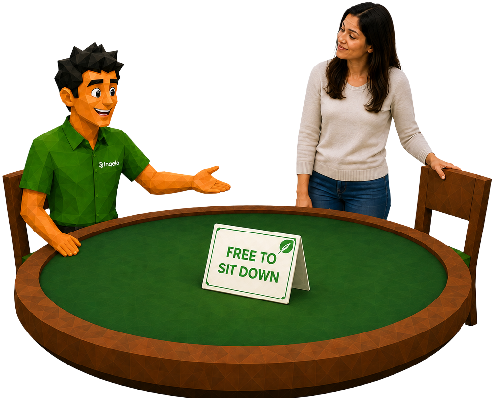 The Inqelo team member pulls out a chair at an empty poker table for a bulldog holding a single chip, beside a table-tent card reading FREE TO SIT DOWN.