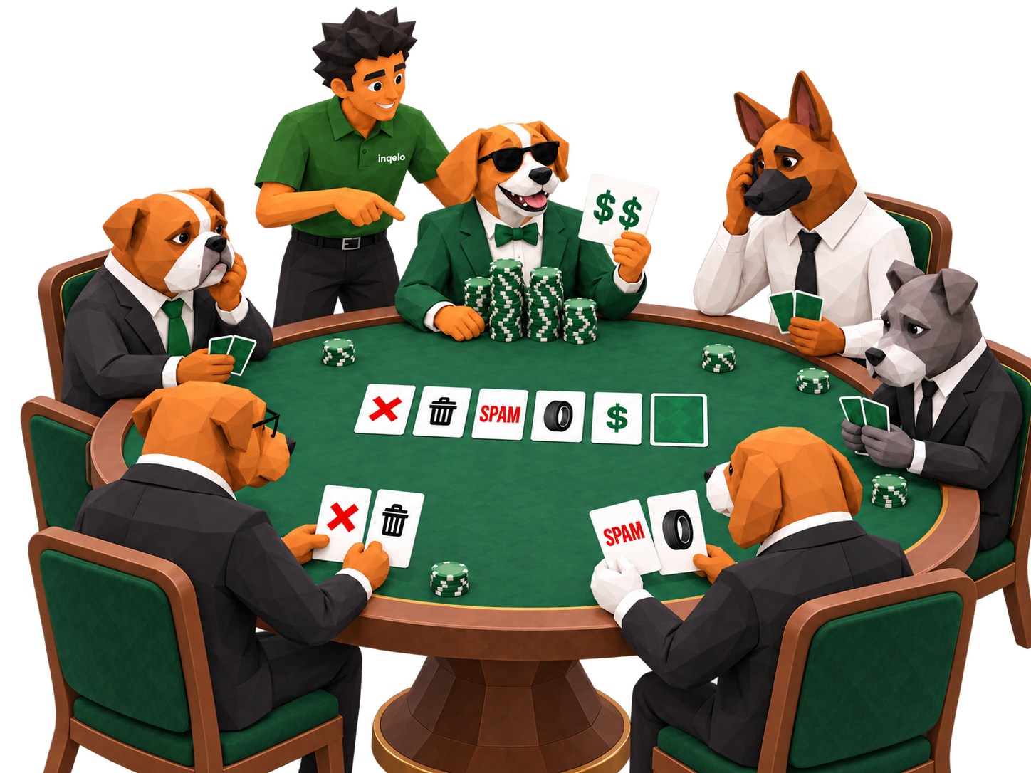 Low-poly dogs in suits playing poker with spam and junk-lead cards while the Inqelo team member points out the player holding the dollar cards: real leads, real value.