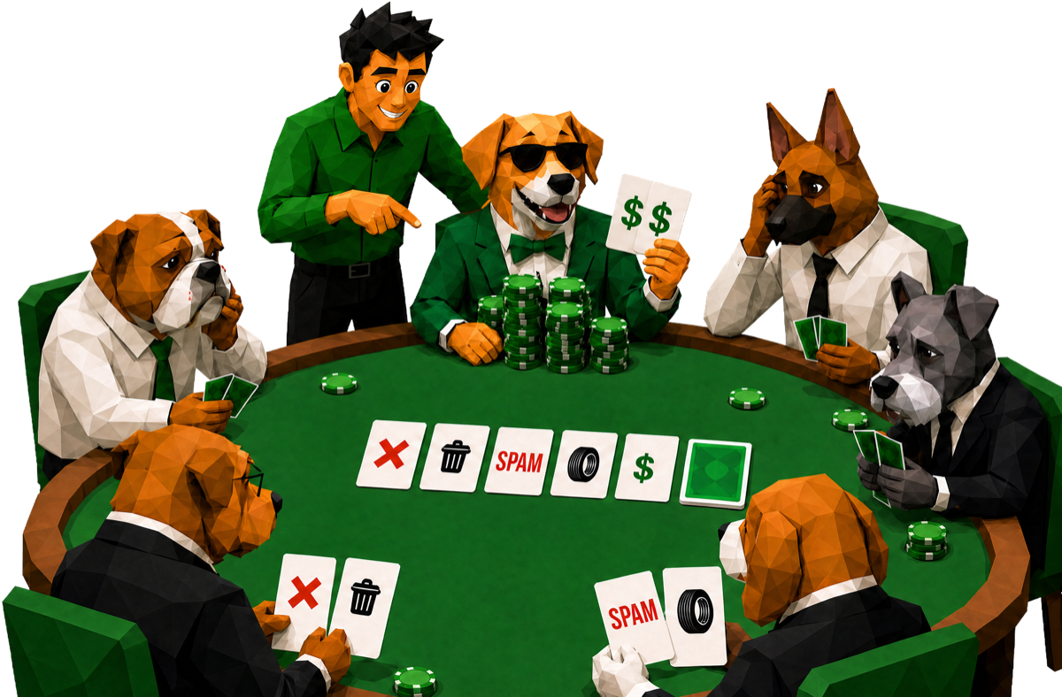 Low-poly dogs in suits playing poker with Google Ads, Meta and TikTok cards while the Inqelo team member points out the REAL CUSTOMER card: real leads, real value.