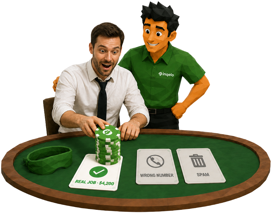 Blindfold off: the dog pushes a tall stack of Inqelo chips onto the REAL JOB $4,200 card while the Inqelo team member stands proudly behind him.