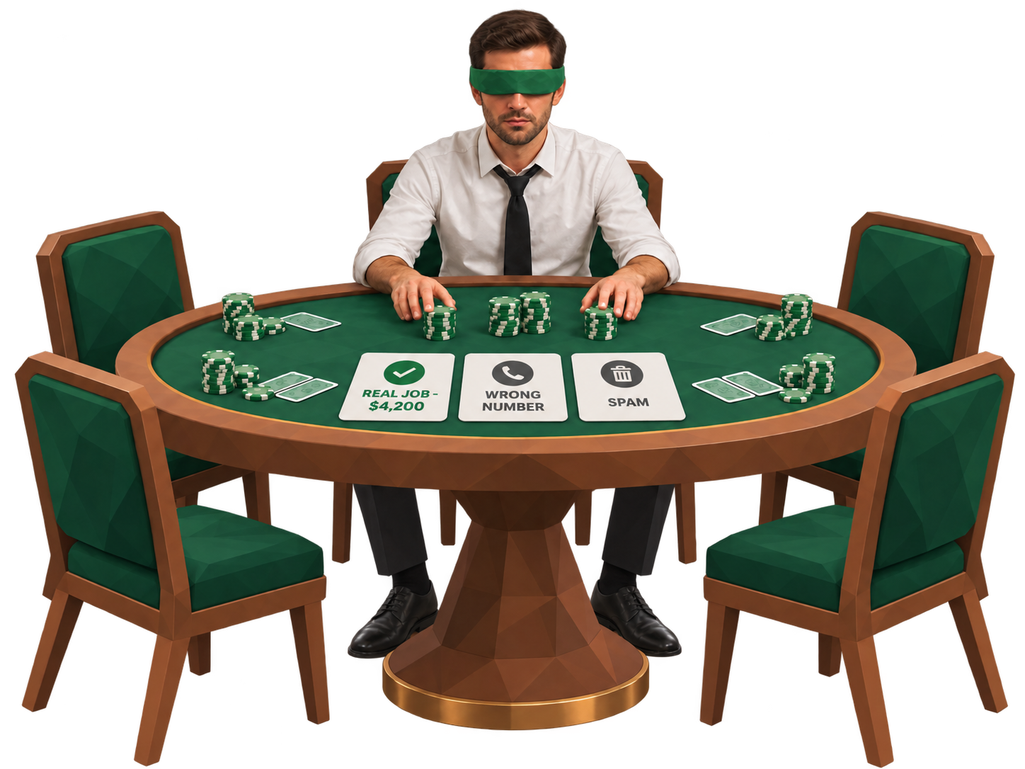 A blindfolded customer alone at a poker table pushes identical chip stacks onto three cards reading REAL JOB $4,200, WRONG NUMBER and SPAM.