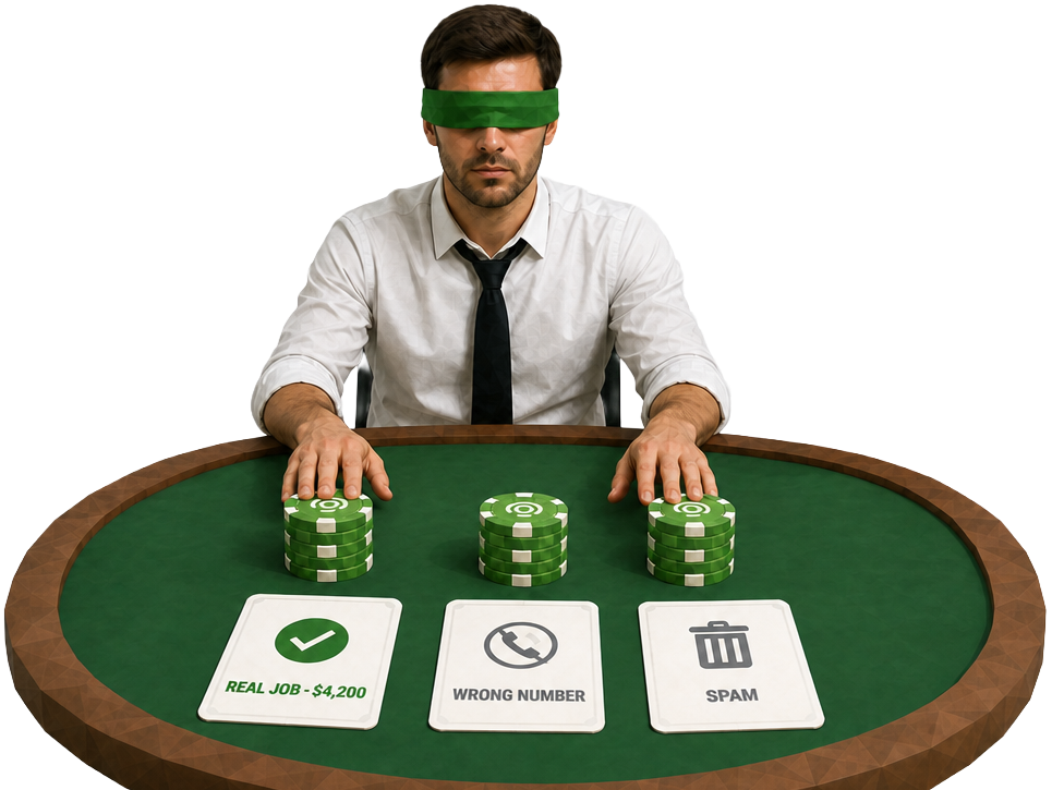 A blindfolded low-poly dog at a poker table pushes identical chip stacks onto three cards reading REAL JOB $4,200, WRONG NUMBER and SPAM.