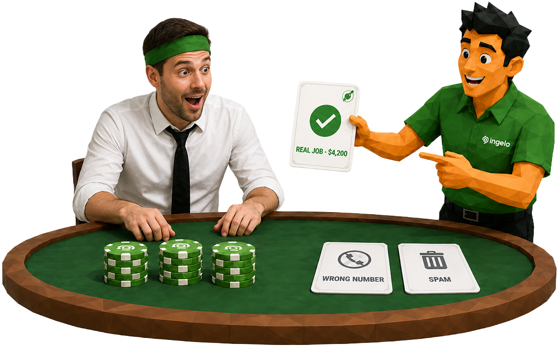 The Inqelo team member holds up the REAL JOB $4,200 card to a delighted dog whose blindfold is pushed up: your ads finally see the cards.