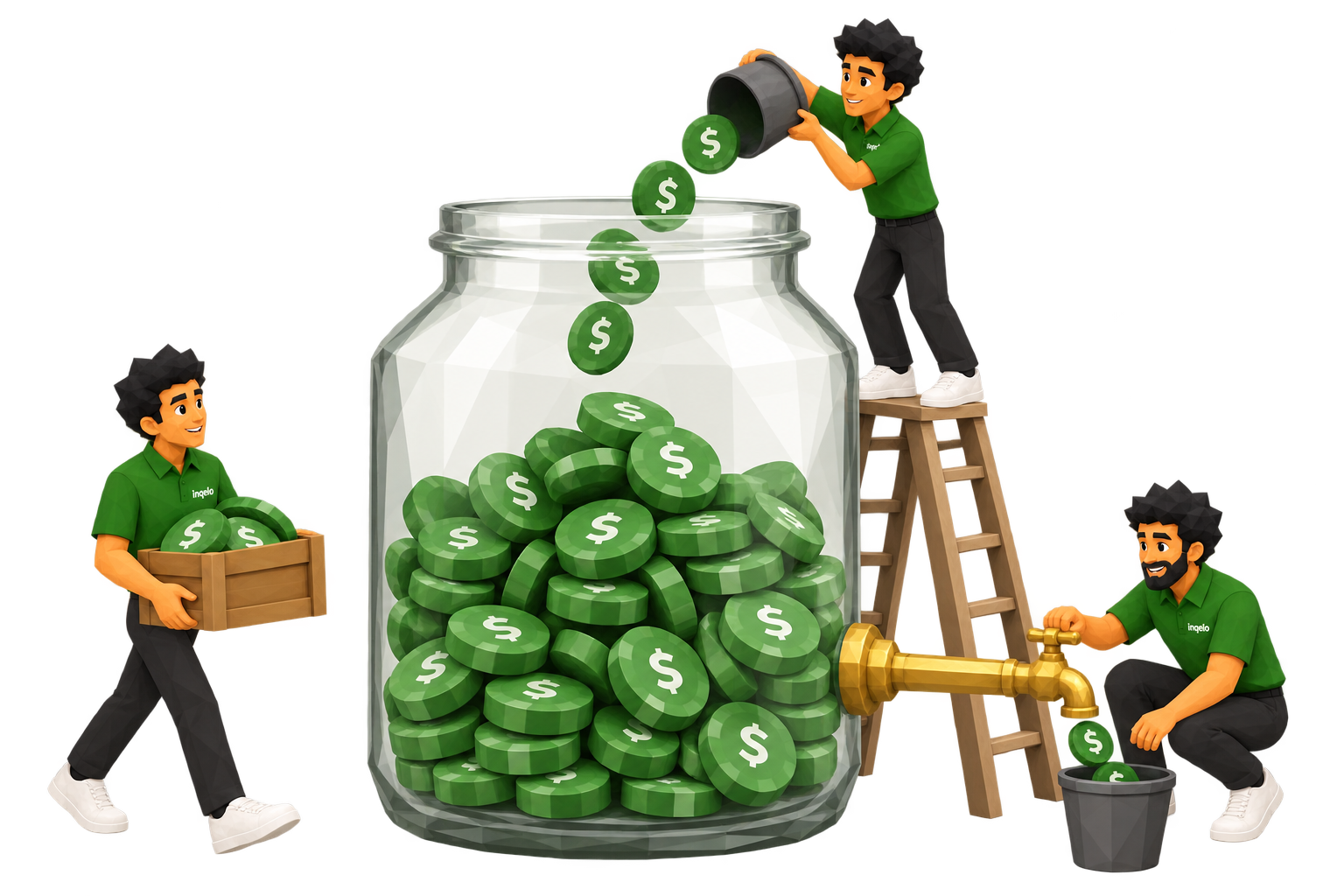 Illustration of the Inqelo team filling a jar of green chips to the activation line