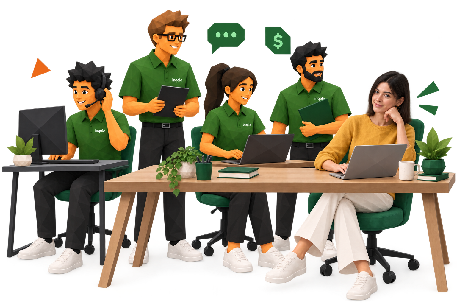 Illustration of an agency partner at her desk with the Inqelo team handling billing, onboarding and support