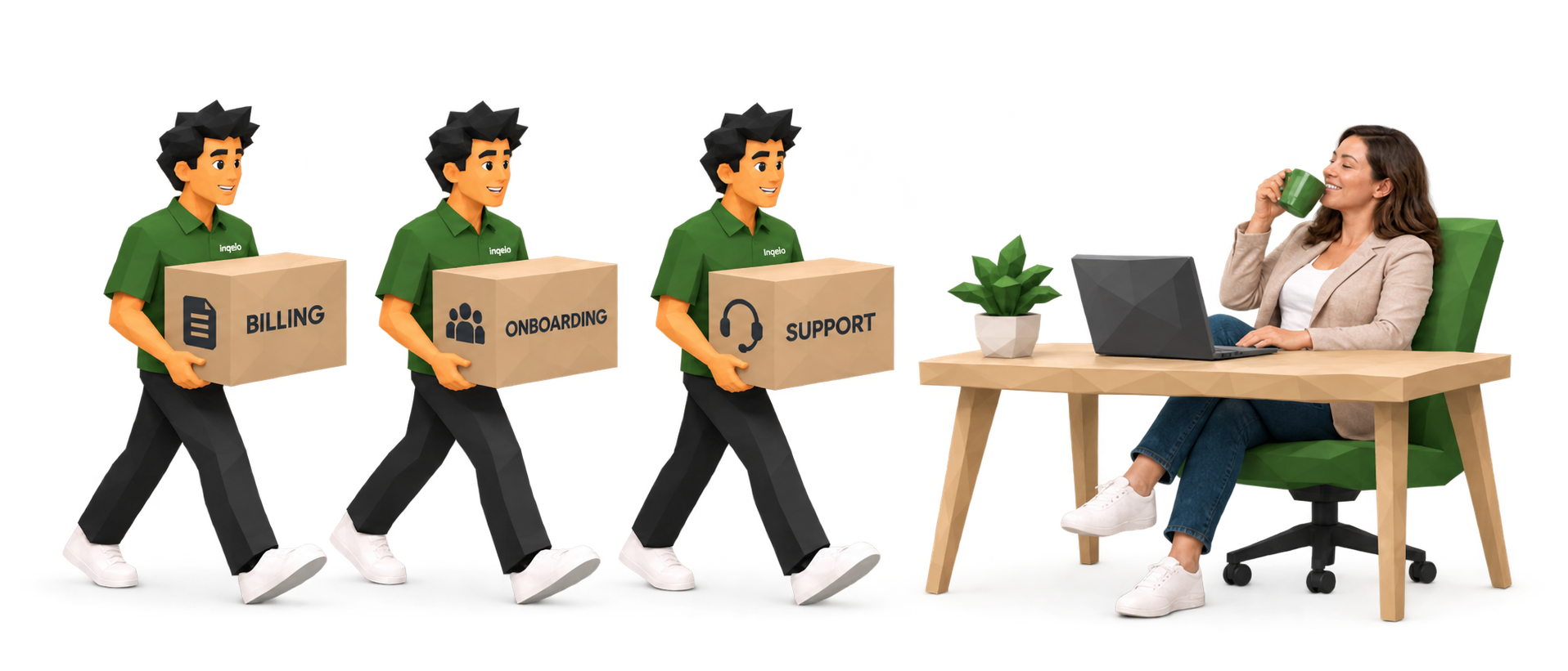 Illustration of the Inqelo team carrying billing, onboarding and support boxes while the partner relaxes