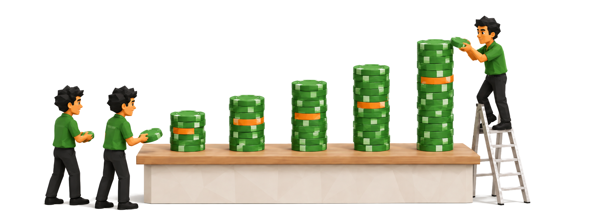Illustration of the Inqelo team stacking rising columns of green chips