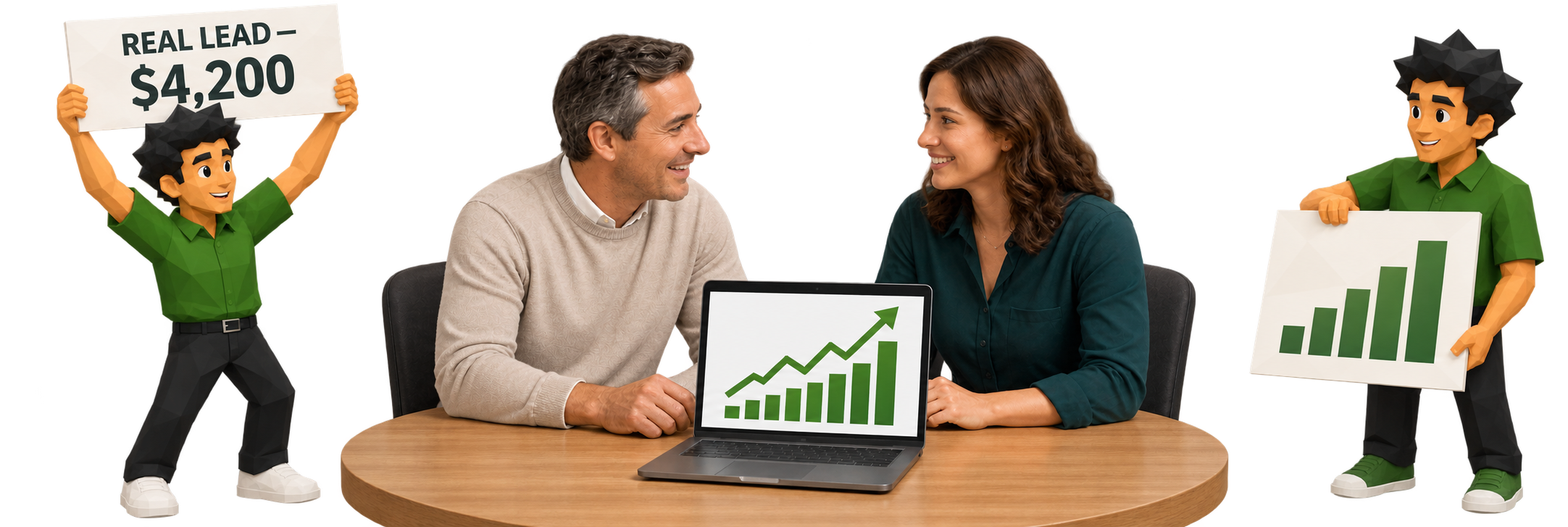 Illustration of two clients reviewing a rising campaign chart on a laptop while the Inqelo team holds up results