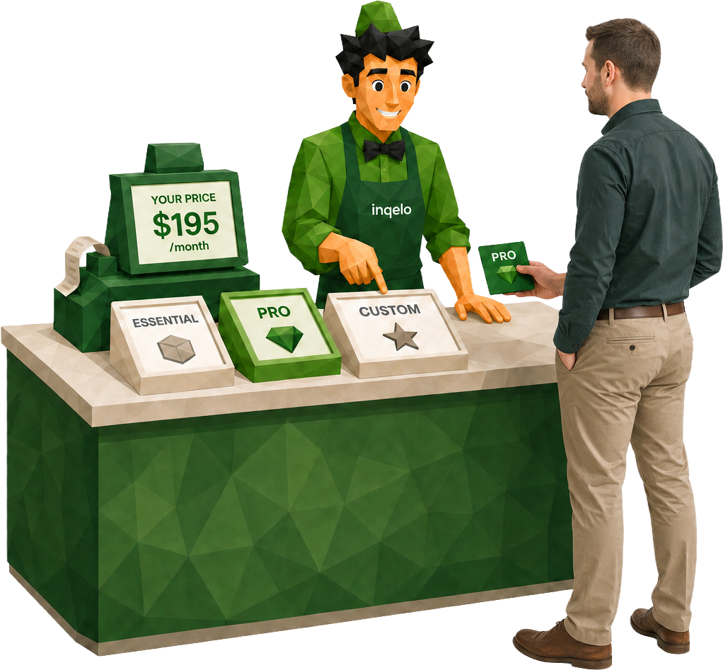 An Inqelo shopkeeper behind a counter shows a customer three plan tiles (Essential, Pro and Custom) beside a till reading YOUR PRICE.