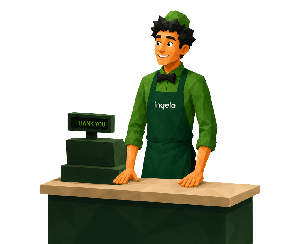 An Inqelo shopkeeper stands behind a till reading THANK YOU.