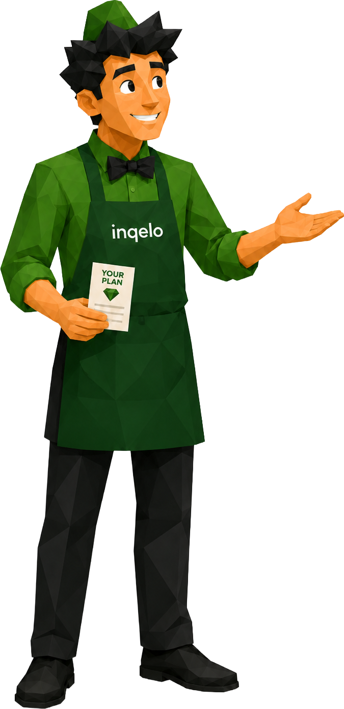 An Inqelo shopkeeper holding a YOUR PLAN card gestures toward the plan comparison.